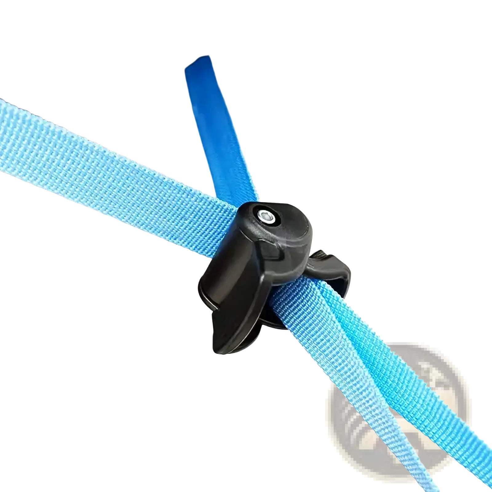 Black plastic clip securing two light blue woven straps on the back of a stroller backrest adjustment strap with buckle