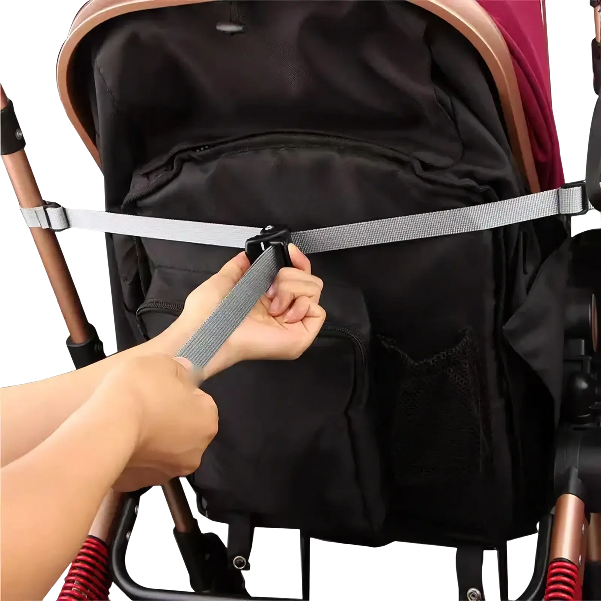 Gray webbing stroller backrest adjustment strap with black plastic buckle shown from the back side