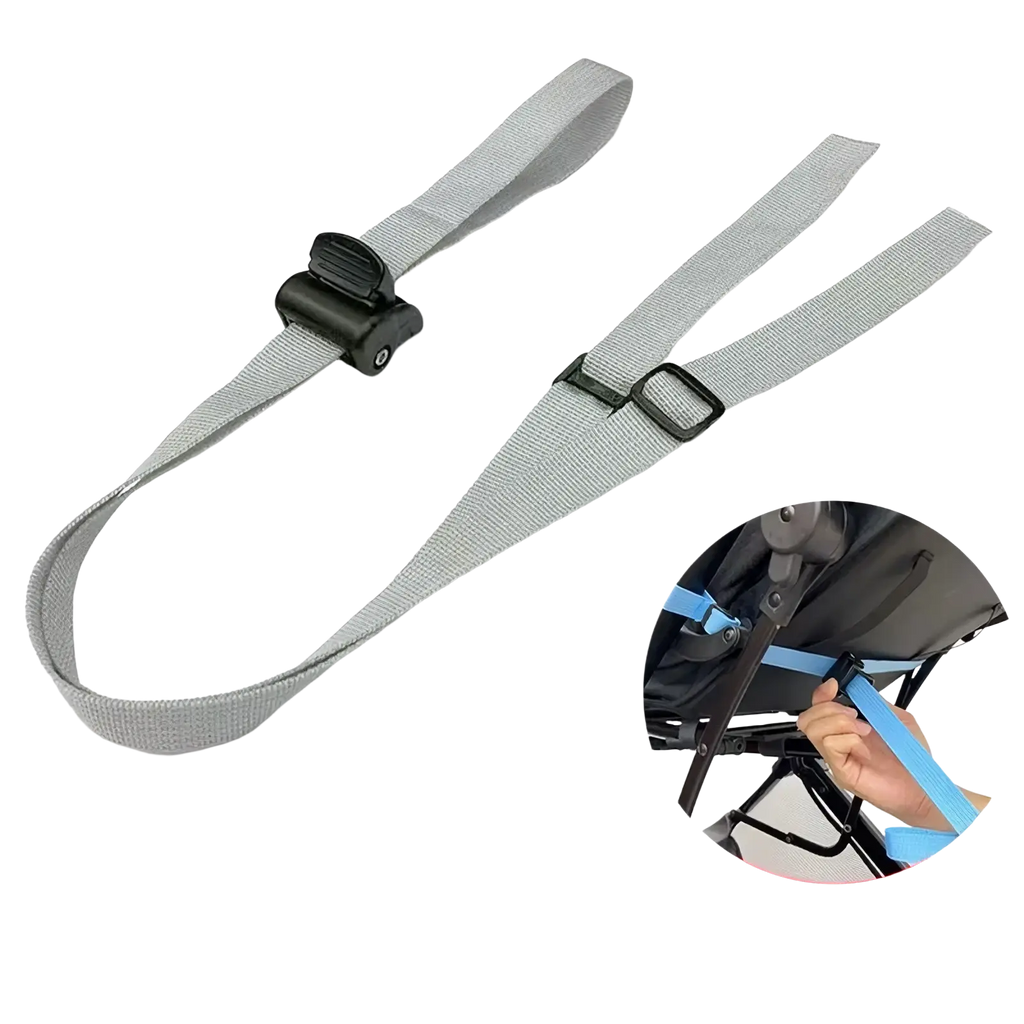 Gray fabric stroller backrest adjustment strap with black plastic buckle for secure fitting and easy size control