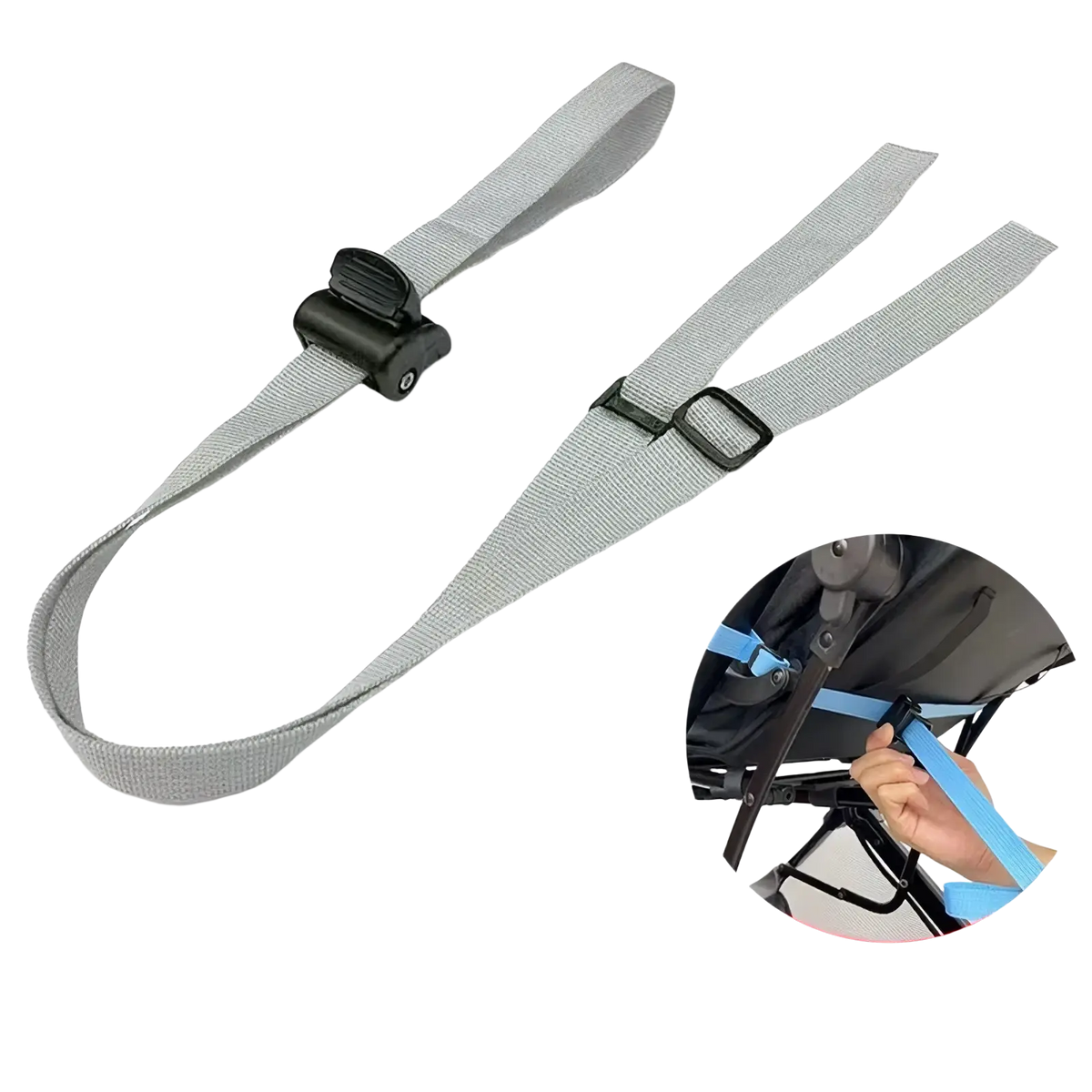 Gray fabric stroller backrest adjustment strap with black plastic buckle for secure fitting and easy size control