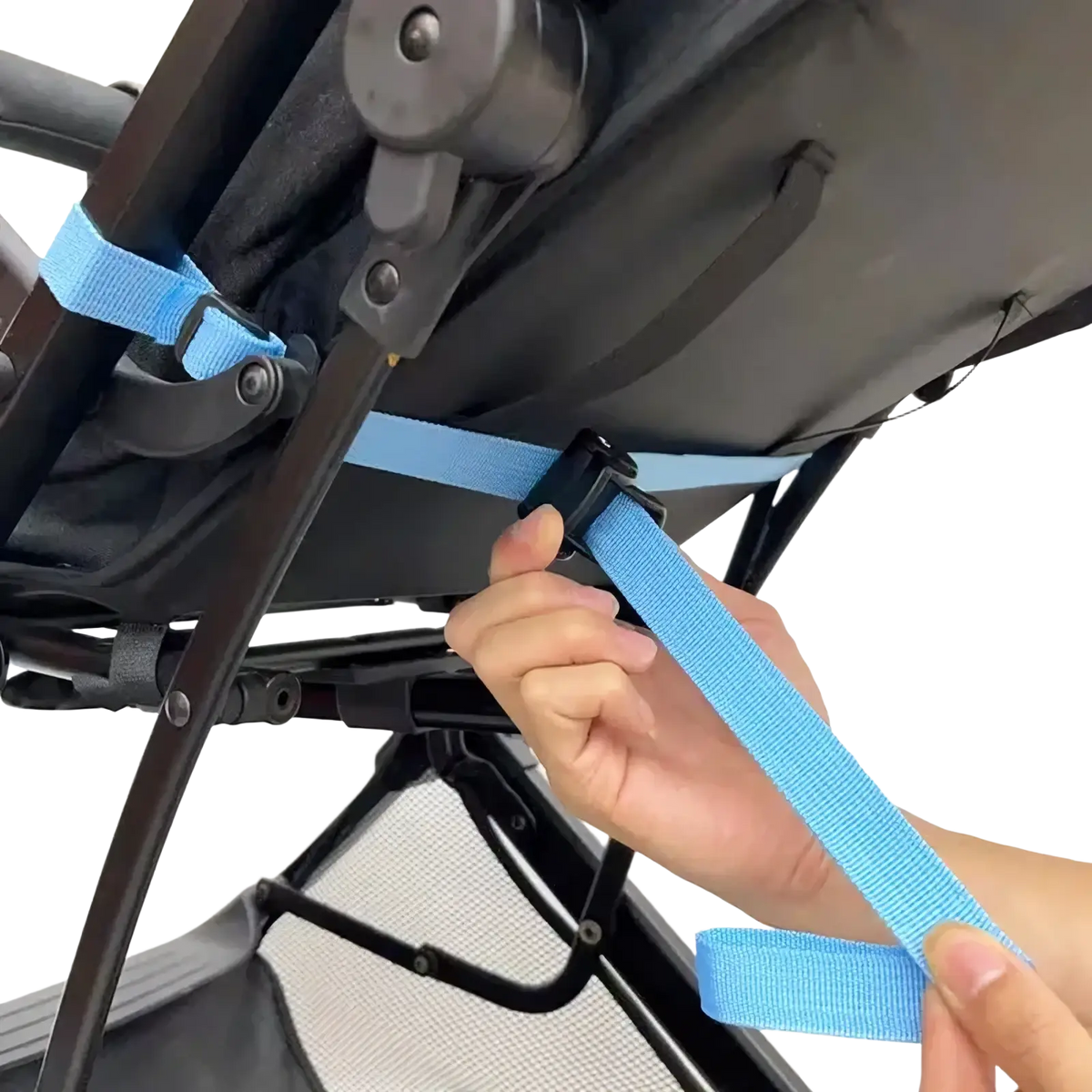 Light blue stroller backrest adjustment strap with black plastic buckle attached to stroller frame