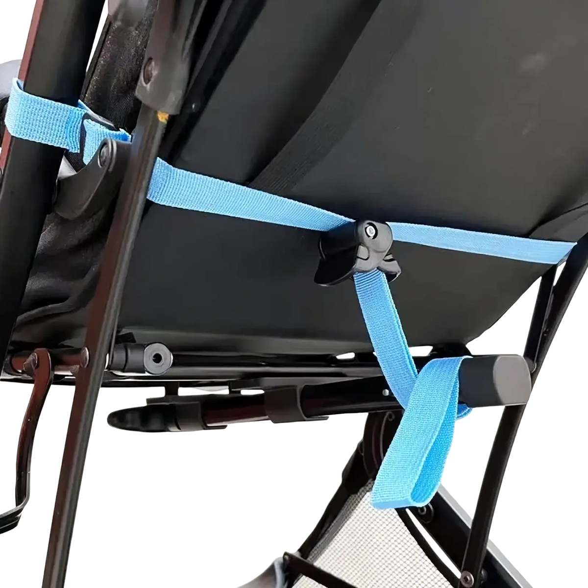 Light blue fabric stroller backrest adjustment strap with black plastic buckle attached to stroller frame