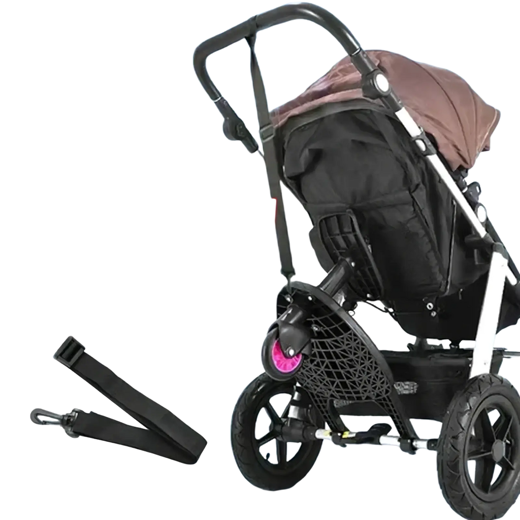 Black adjustable stroller handle strap with metal carabiner clip for stroller board with removable seat and platform