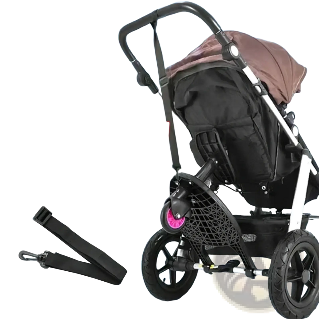 Black adjustable stroller handle strap with metal carabiner clip for stroller board with removable seat and platform
