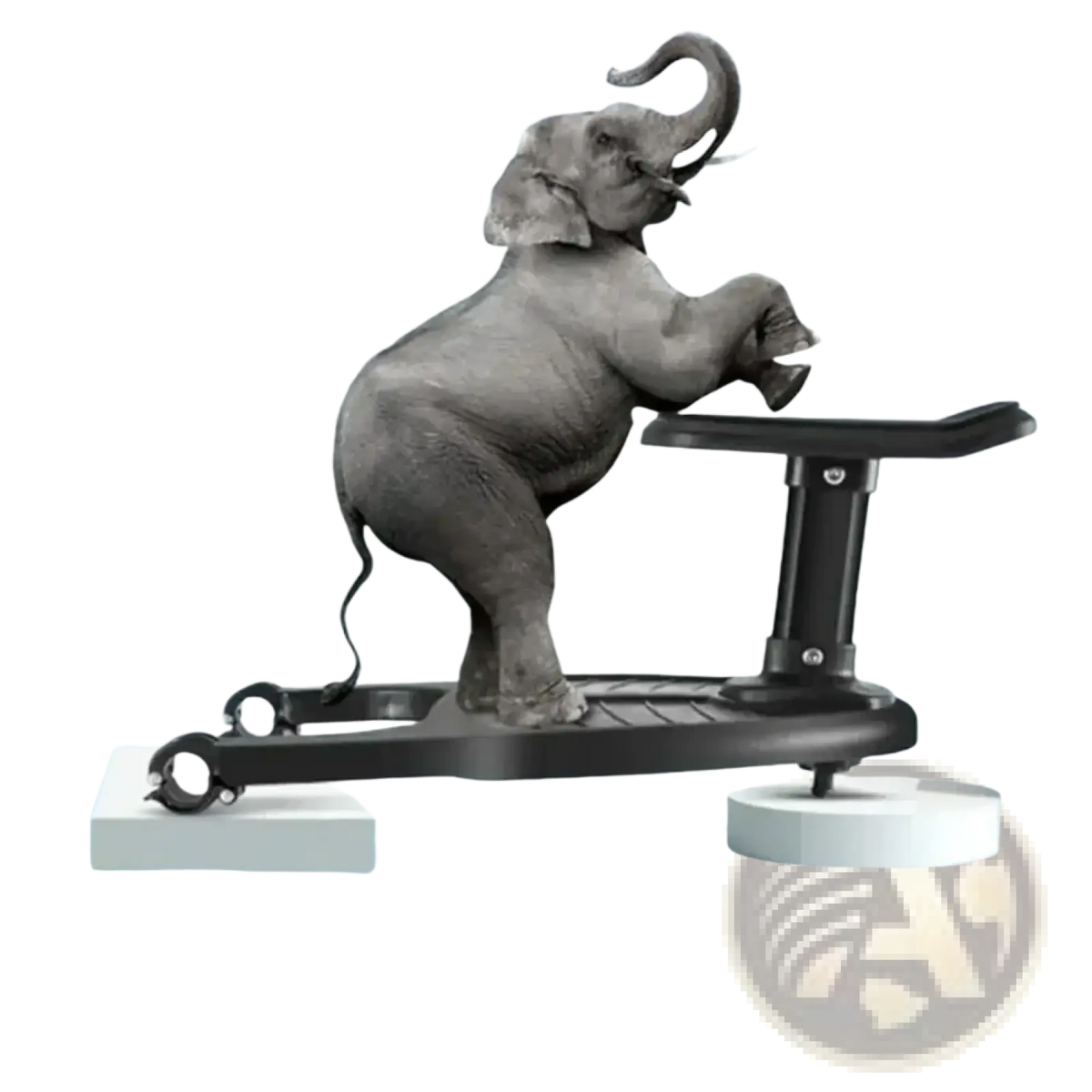 Black elephant-shaped exercise bike with adjustable resistance and sturdy frame shown from the back side