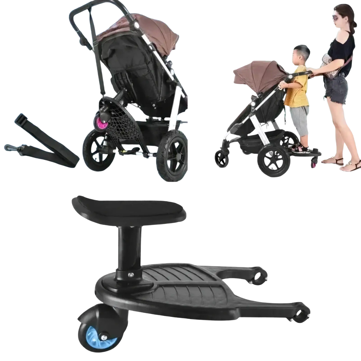 Black plastic stroller board with removable seat and platform featuring blue wheels and a textured footrest