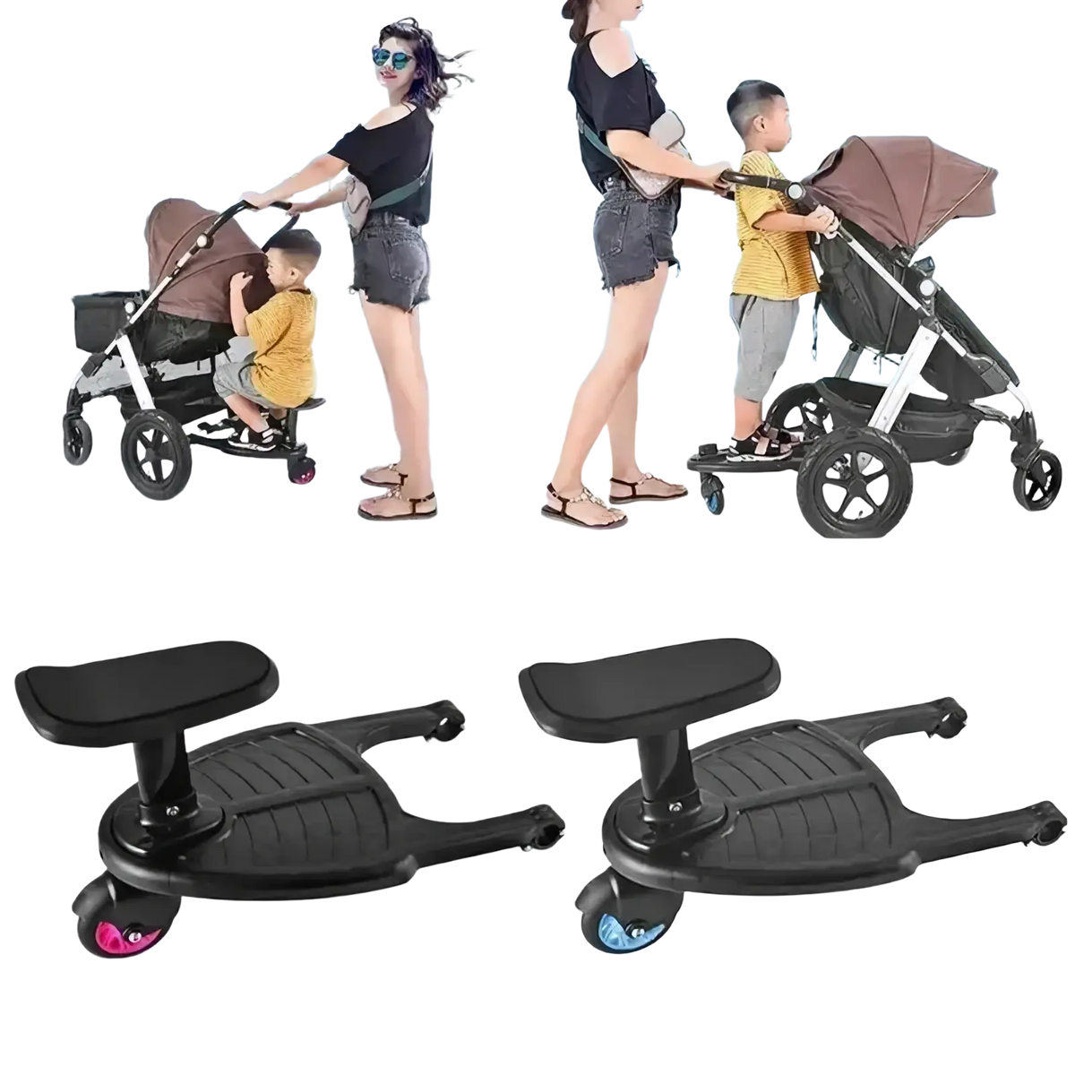 Black plastic stroller board with removable seat textured grip and colorful wheels shown from the back side