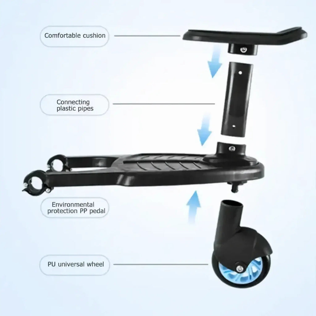 Black plastic child scooter seat with blue-accented pu wheels and cushioned platform for stroller board use
