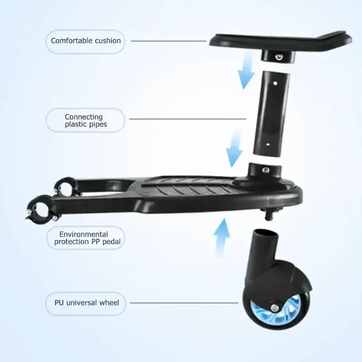 Black plastic child scooter seat with blue-accented pu wheels and cushioned platform for stroller board use