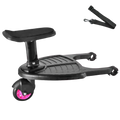 Black plastic stroller board child seat with pink wheel and adjustable storage belt shown from the back side