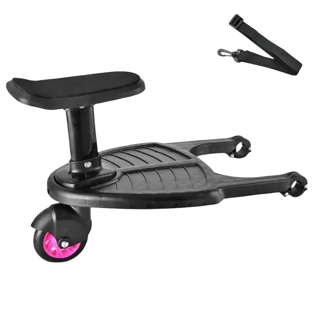 Black plastic stroller board child seat with pink wheel and adjustable storage belt shown from the back side