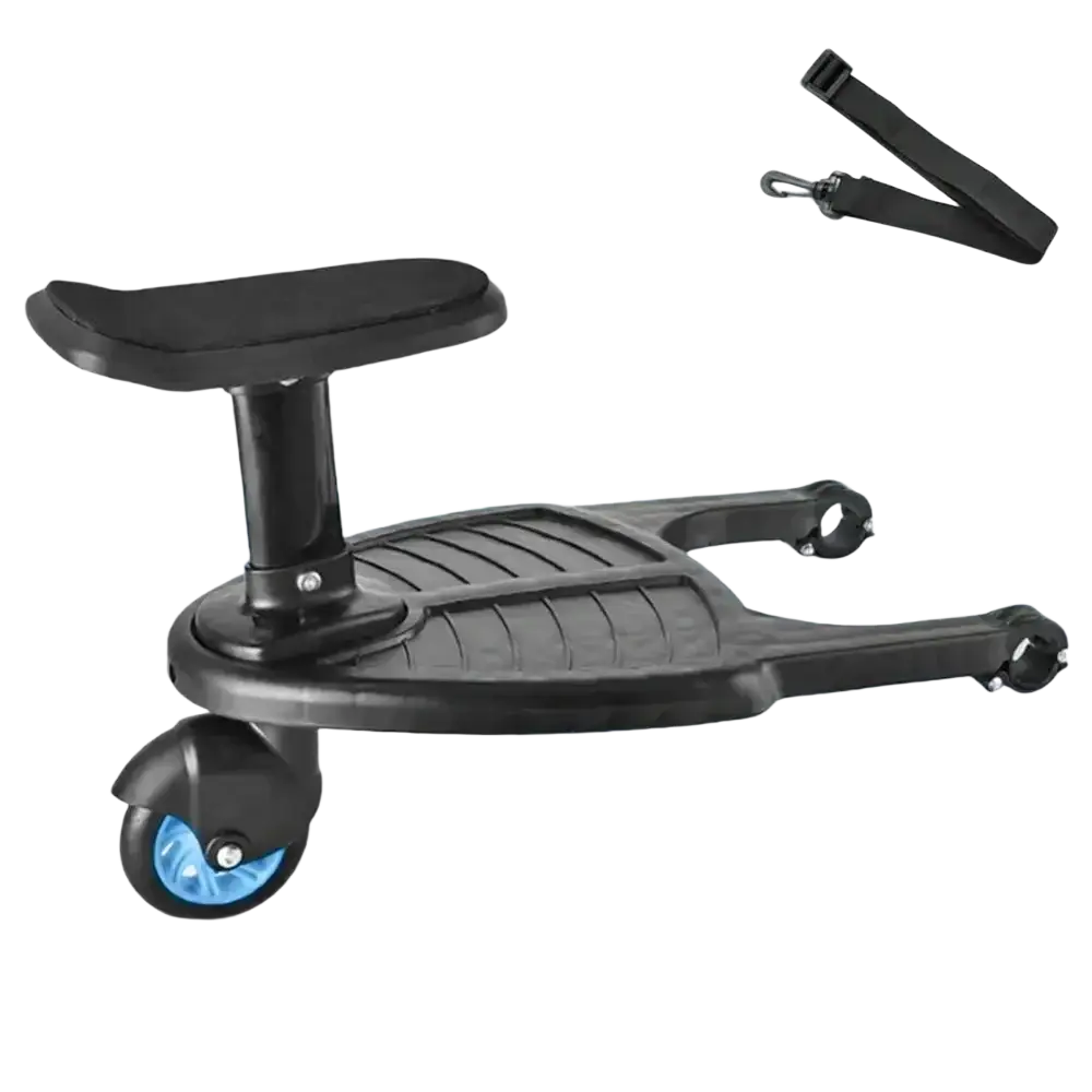 Black plastic stroller board with removable padded seat and blue wheel for child ride-on storage and transport