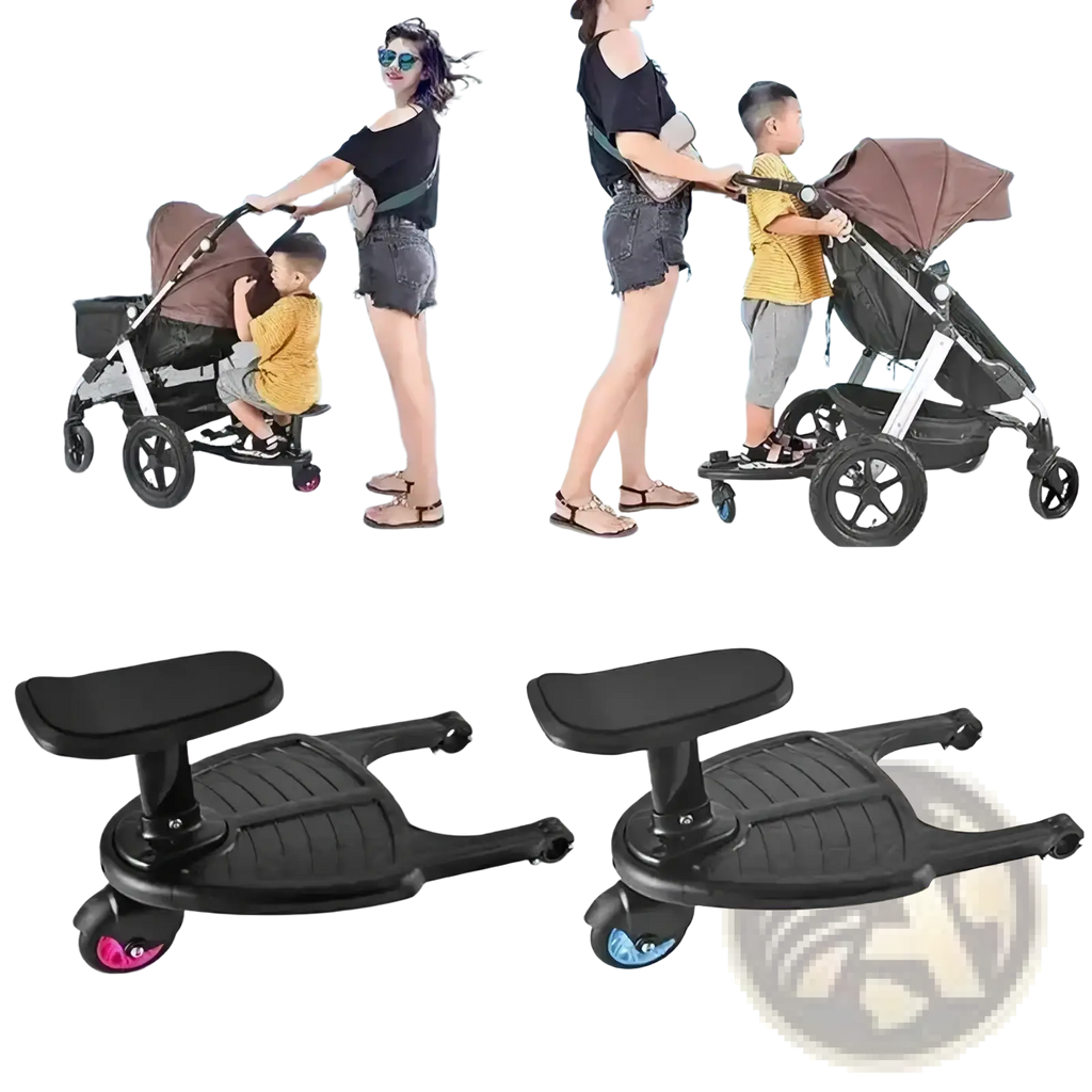 Black plastic stroller board with removable seat textured grip and colorful wheels shown from the back side