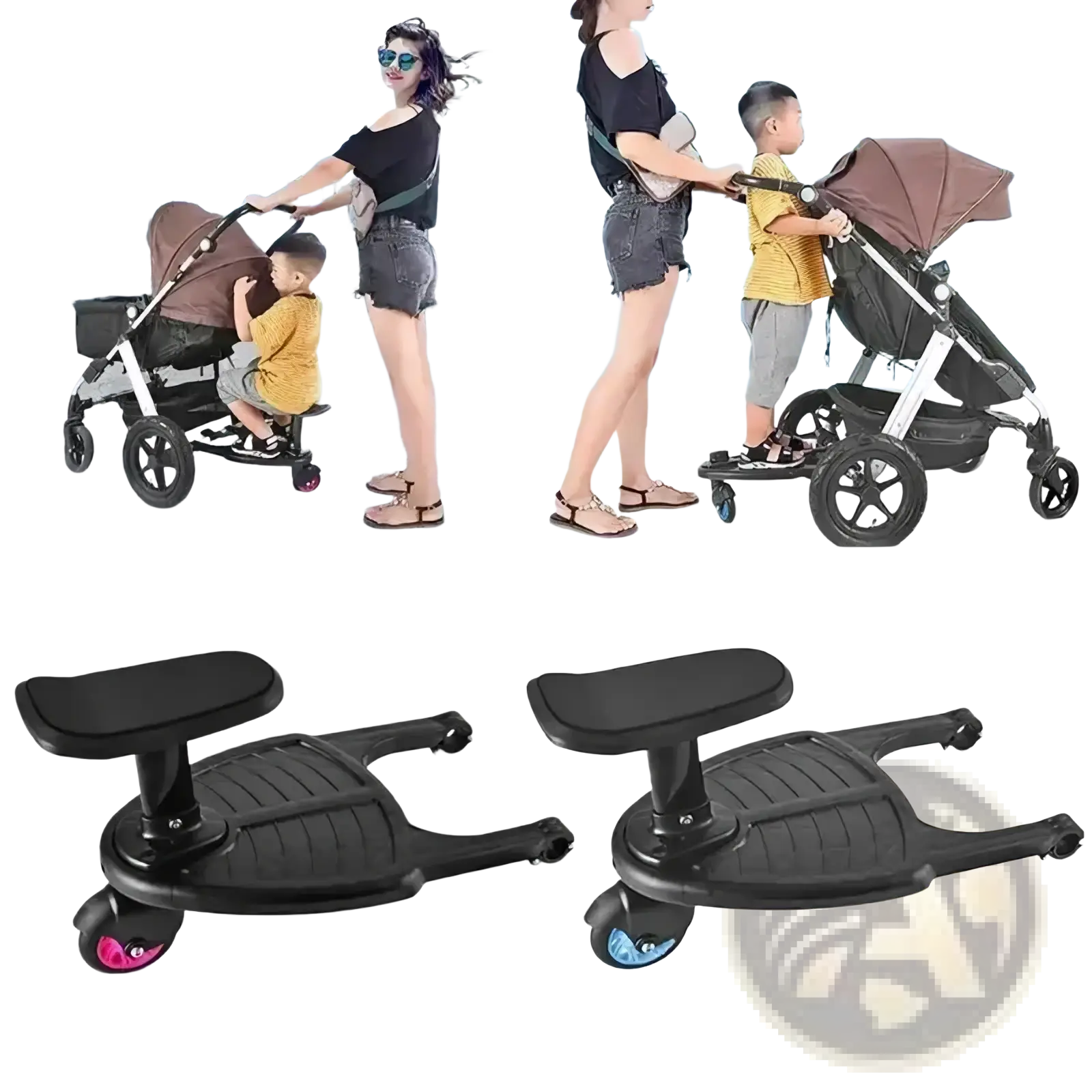 Black plastic stroller board with removable seat textured grip and colorful wheels shown from the back side