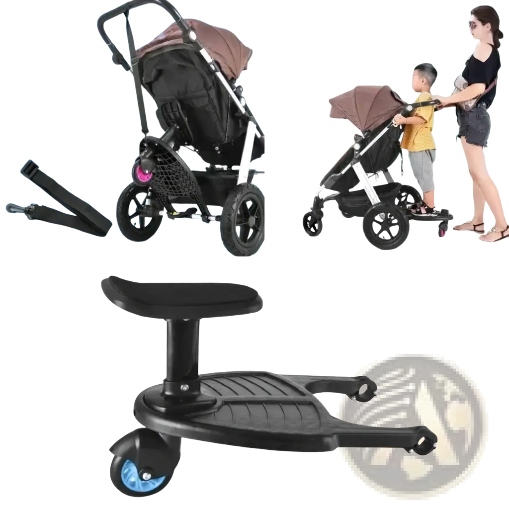 Black plastic stroller board with removable seat and platform featuring blue wheels and a textured footrest