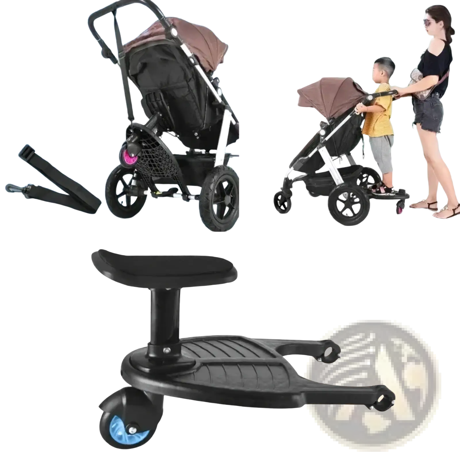 Black plastic stroller board with removable seat and platform featuring blue wheels and a textured footrest