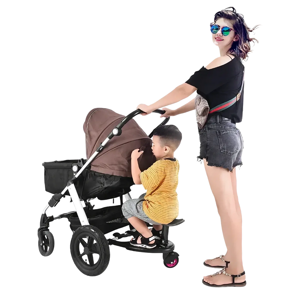 Brown and black double stroller with removable seat and platform and a child seated on the front platform