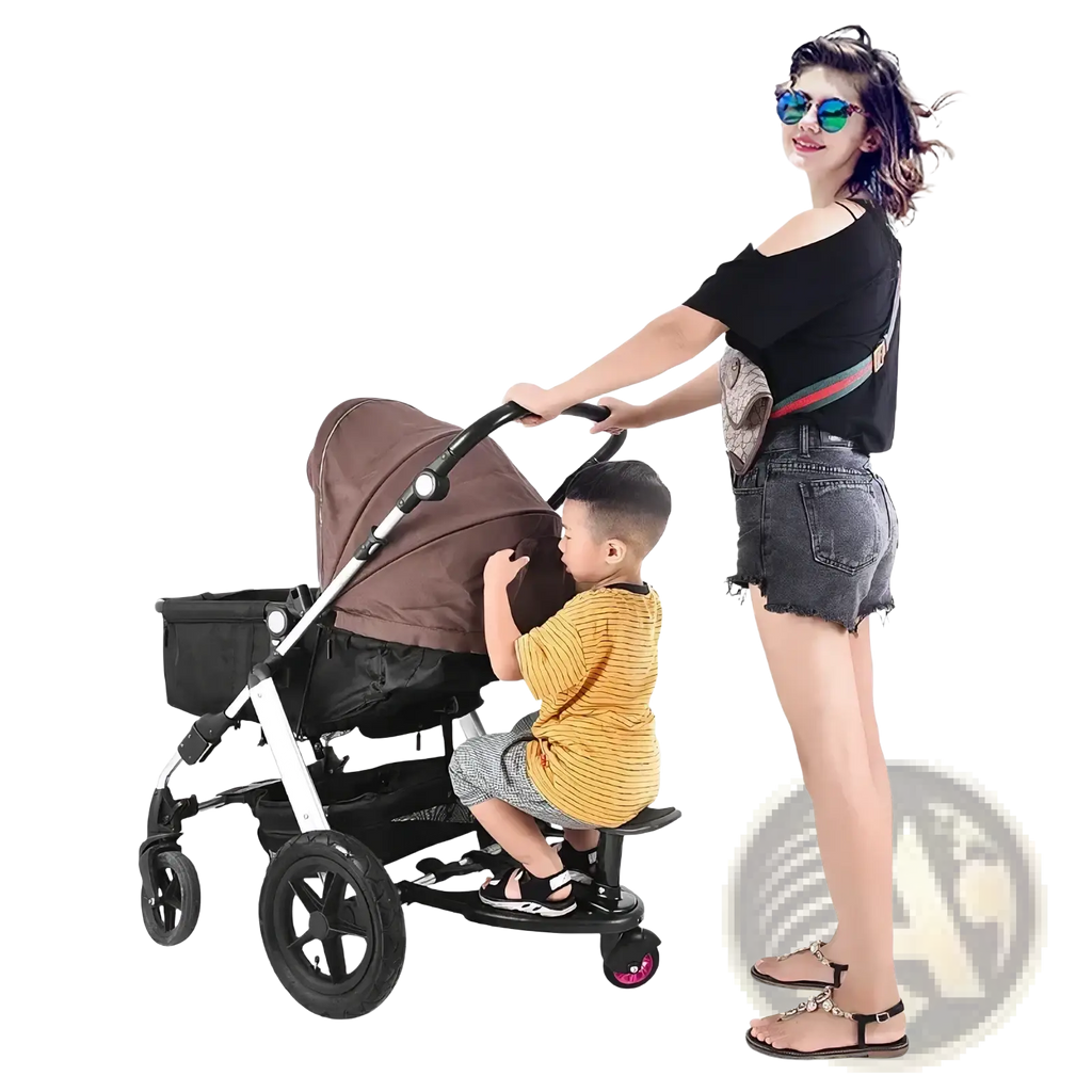 Brown and black double stroller with removable seat and platform and a child seated on the front platform