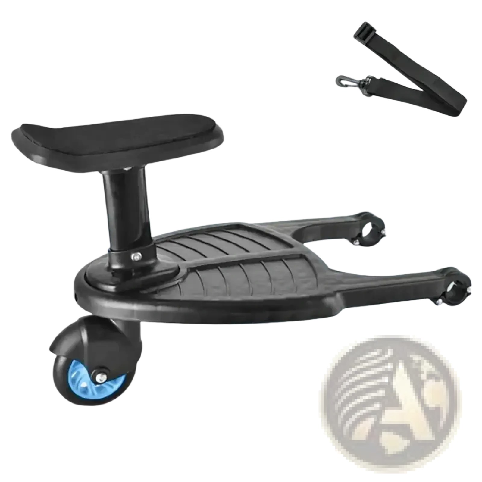 Black plastic stroller board with removable padded seat and blue wheel for child ride-on storage and transport