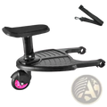 Black plastic stroller board child seat with pink wheel and adjustable storage belt shown from the back side