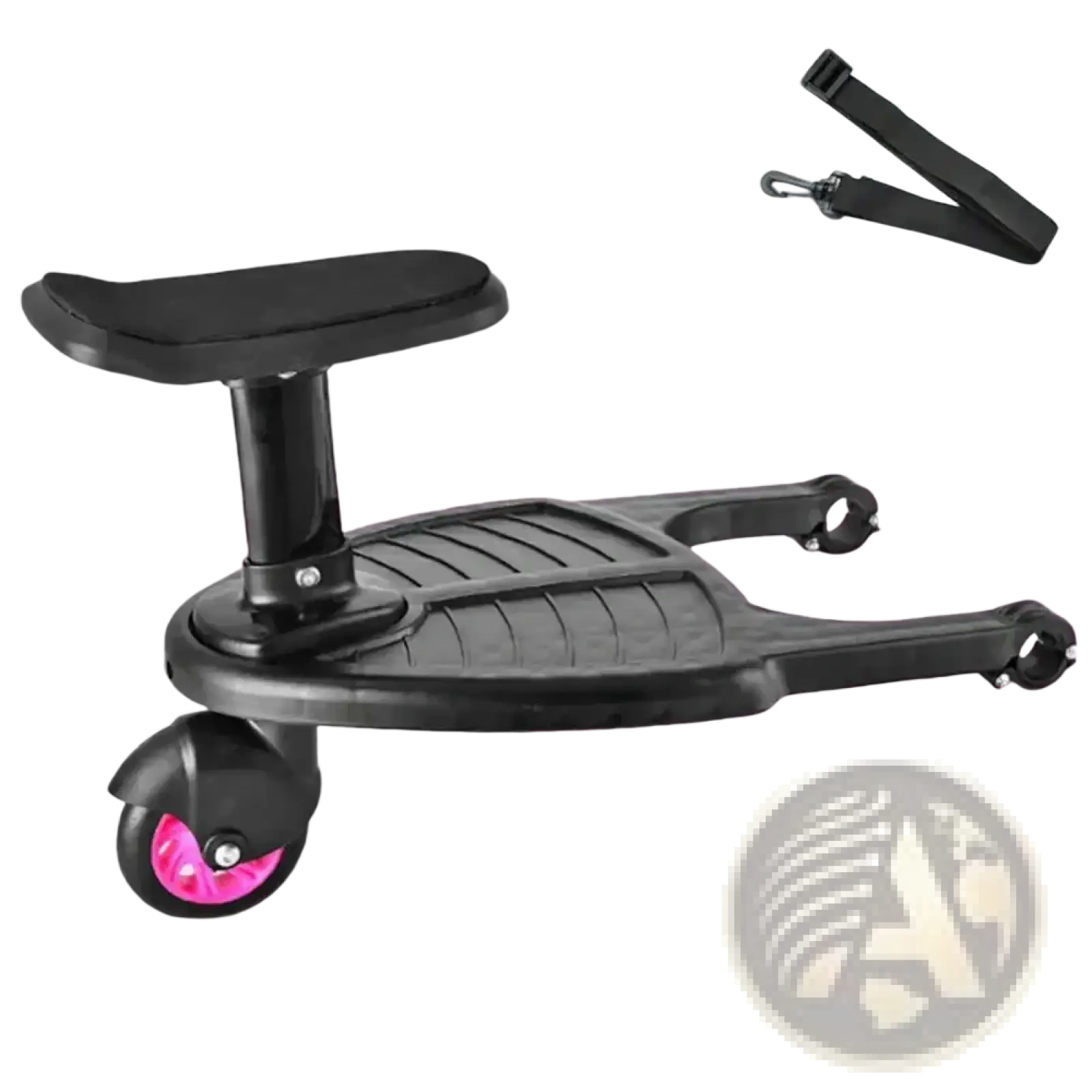 Black plastic stroller board child seat with pink wheel and adjustable storage belt shown from the back side