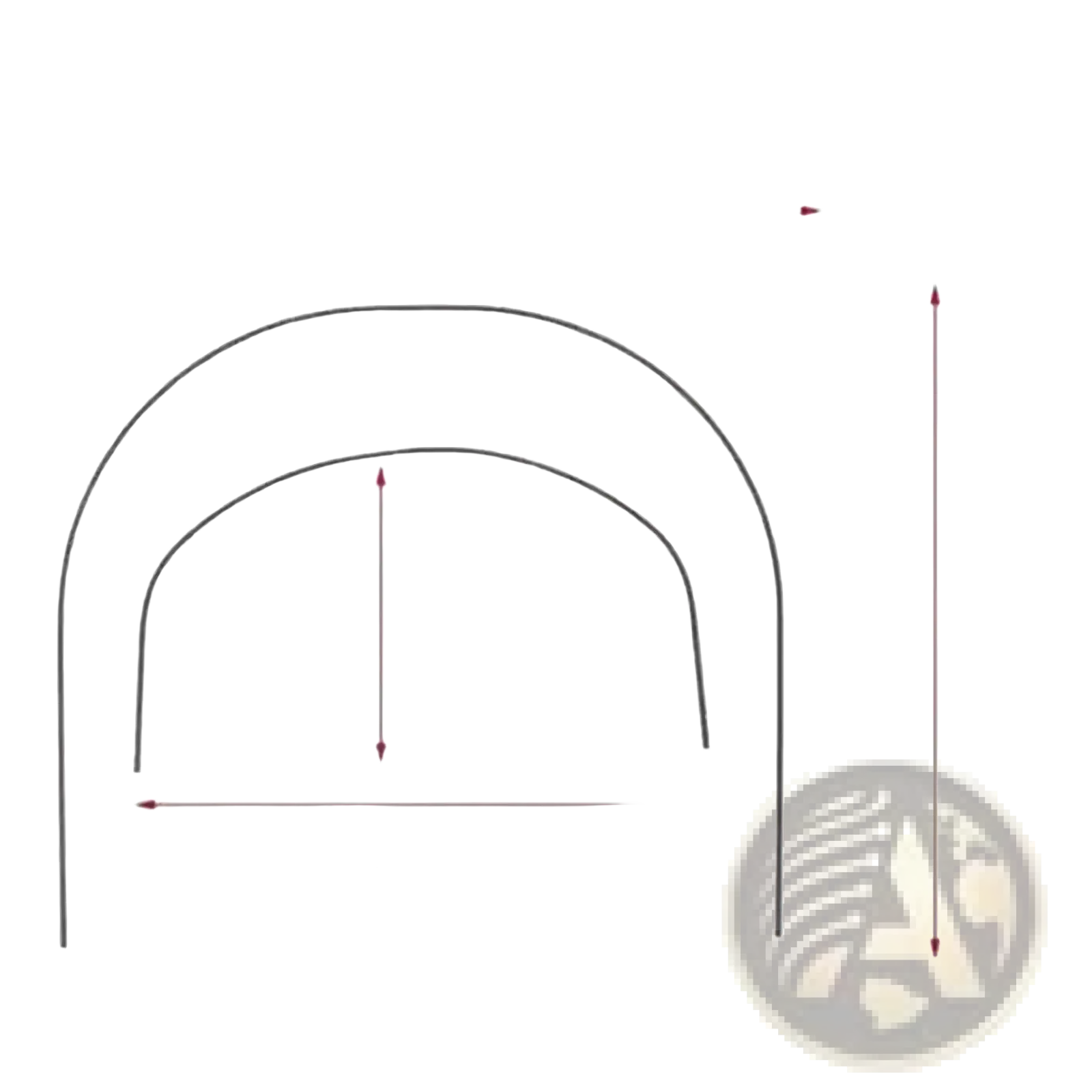Arch-shaped metal stroller canopy support bracket with dimension labels in millimeters for replacement use