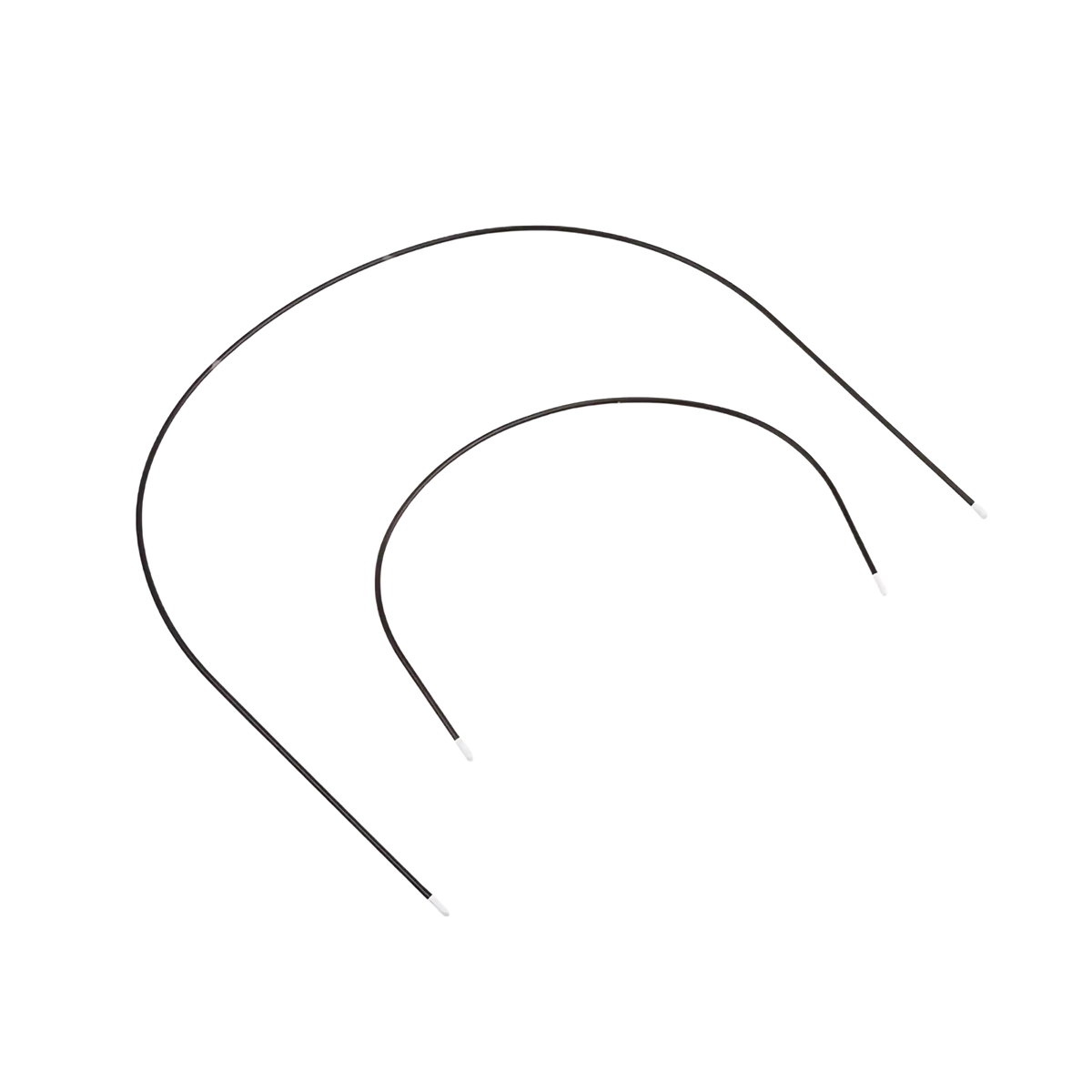 Two black curved wire metal stroller canopy support brackets with white tipped ends for replacement use