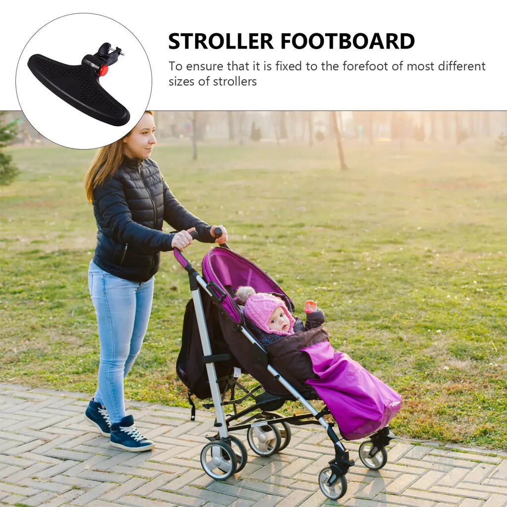 Black adjustable universal stroller footrest with red knob for secure attachment to most stroller models back side view