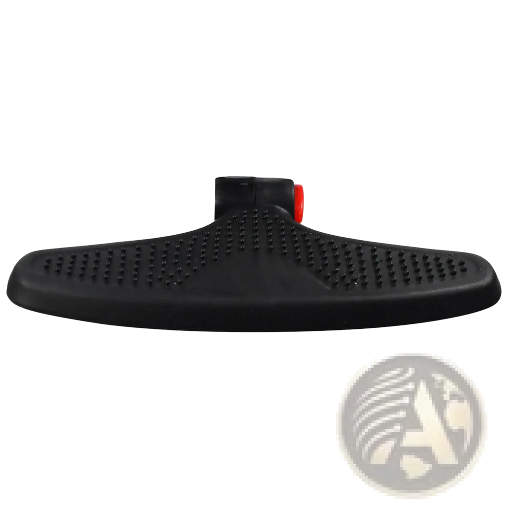 Black plastic stroller footrest with adjustable red knob and textured surface for universal pedal extension use
