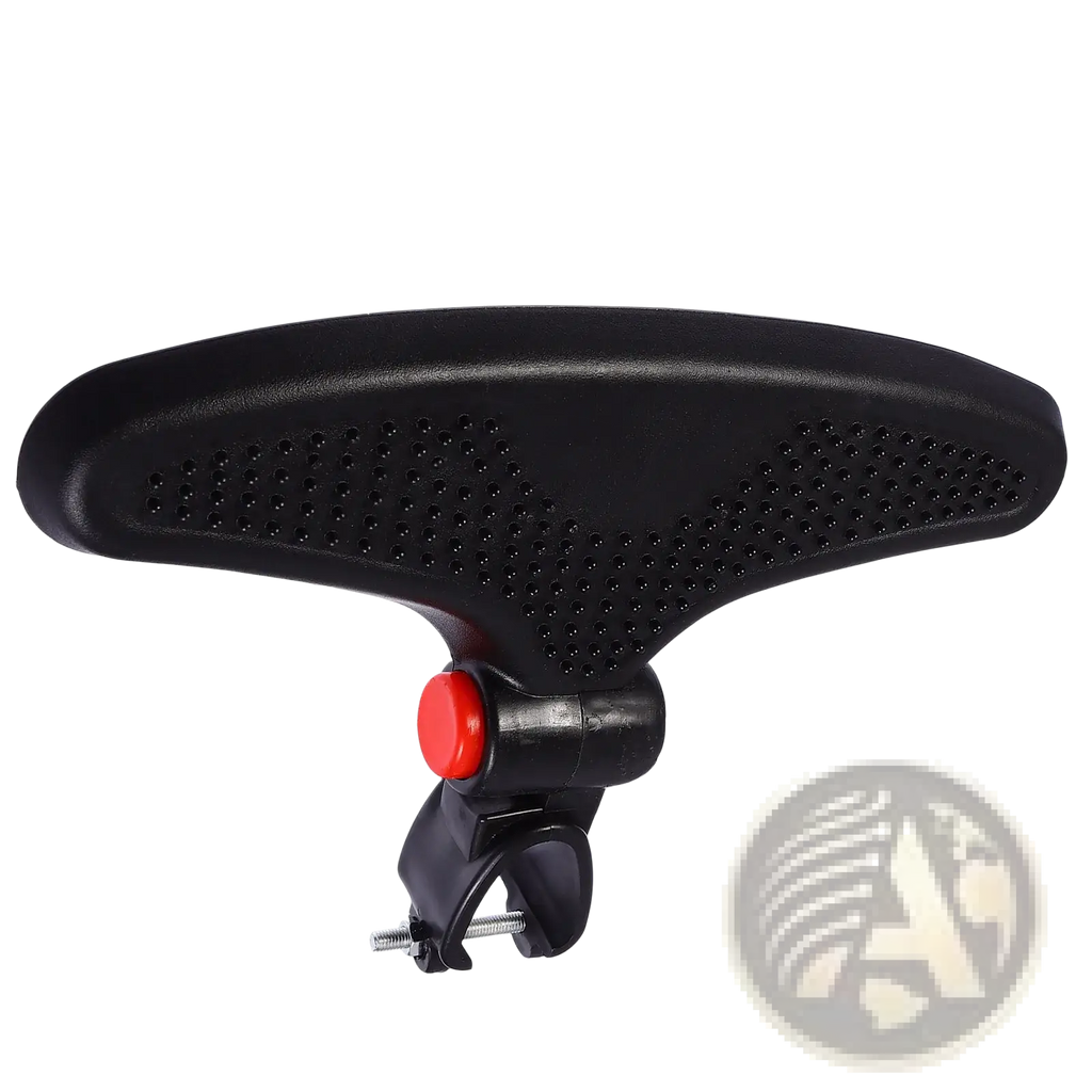 Black plastic stroller footrest adjustable universal pedal extension with red button and perforated surface mounted on handlebar