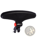 Black plastic stroller footrest adjustable universal pedal extension with red button and perforated surface mounted on handlebar