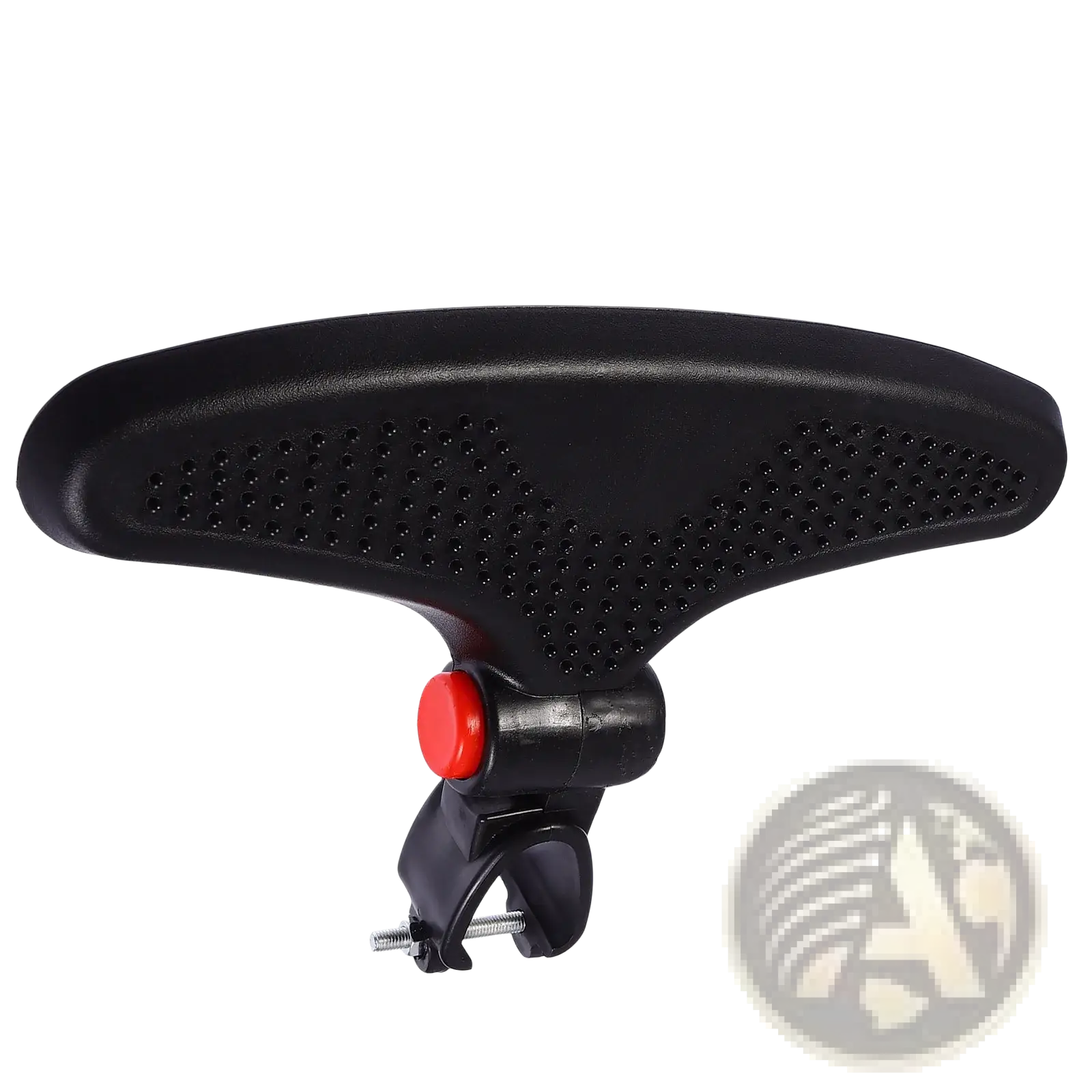 Black plastic stroller footrest adjustable universal pedal extension with red button and perforated surface mounted on handlebar
