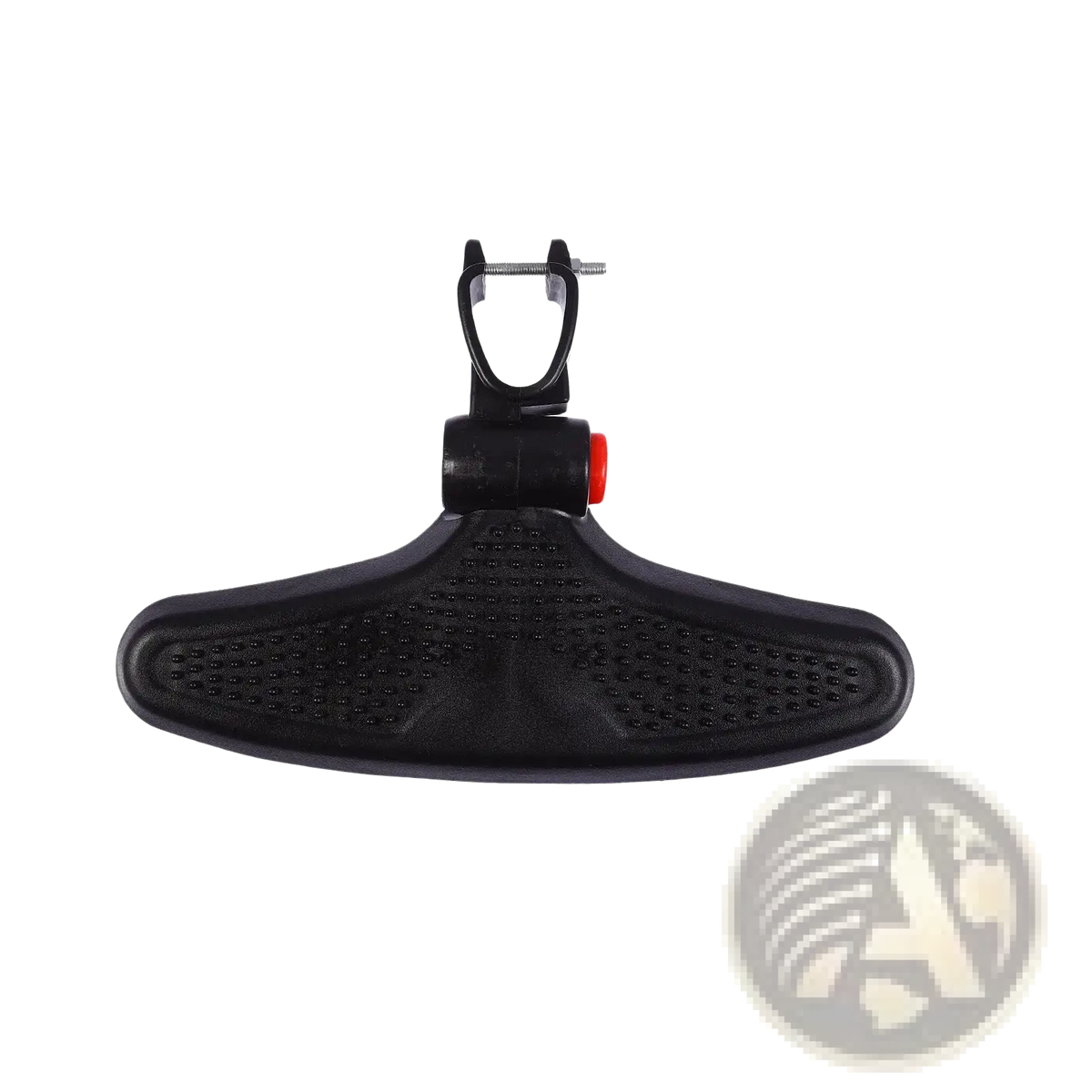 Black plastic stroller footrest adjustable universal pedal extension with textured surface and red adjustment knob