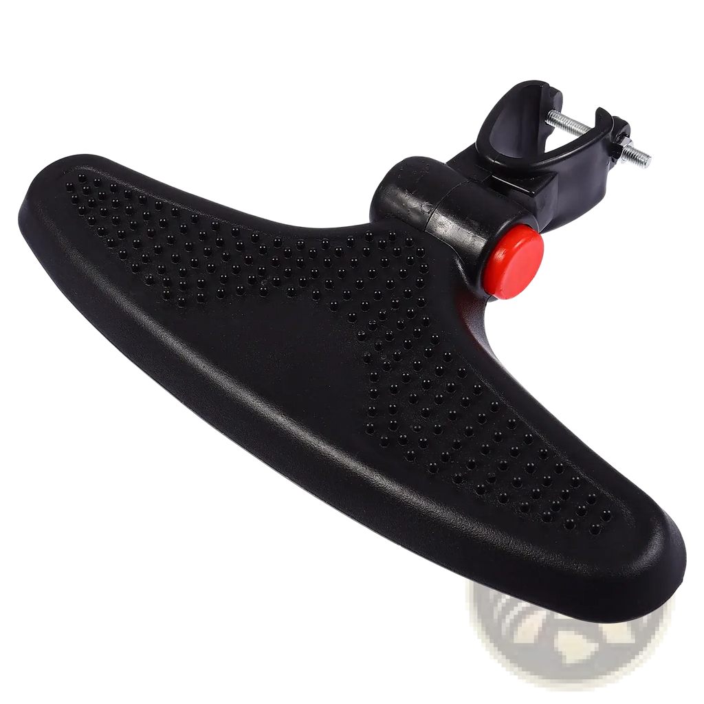 Black plastic stroller footrest adjustable universal pedal extension with red adjustment knob and perforated grip surface