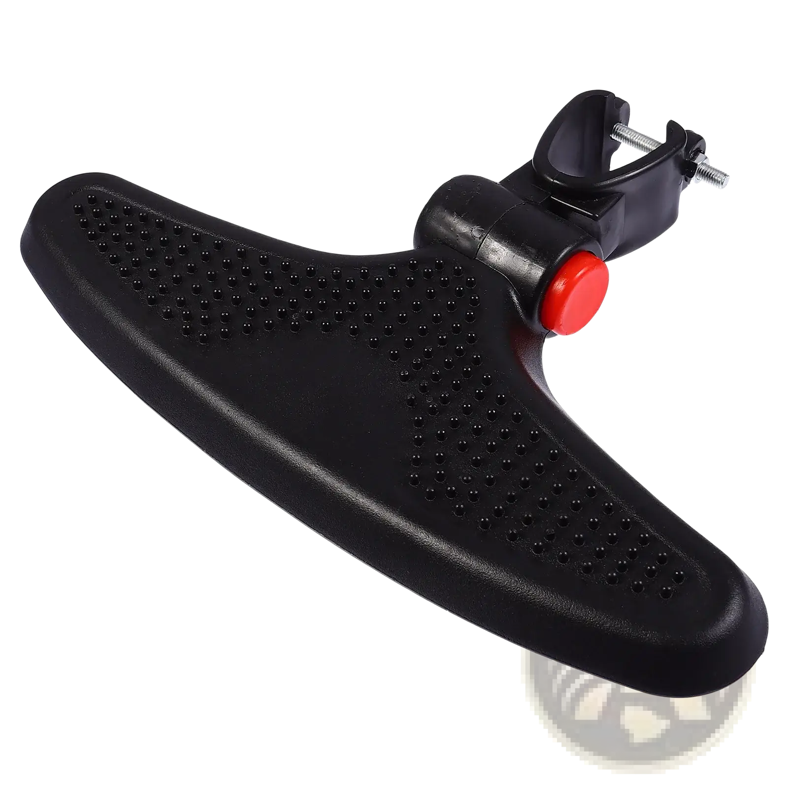 Black plastic stroller footrest adjustable universal pedal extension with red adjustment knob and perforated grip surface