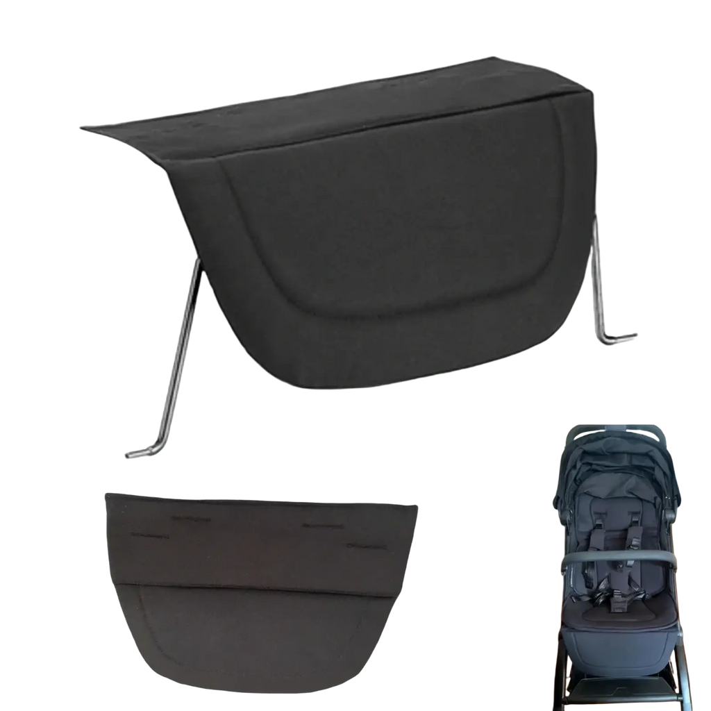 Black fabric stroller sun canopy with metal support arms shown from the back for stroller footrest extender leg support extension