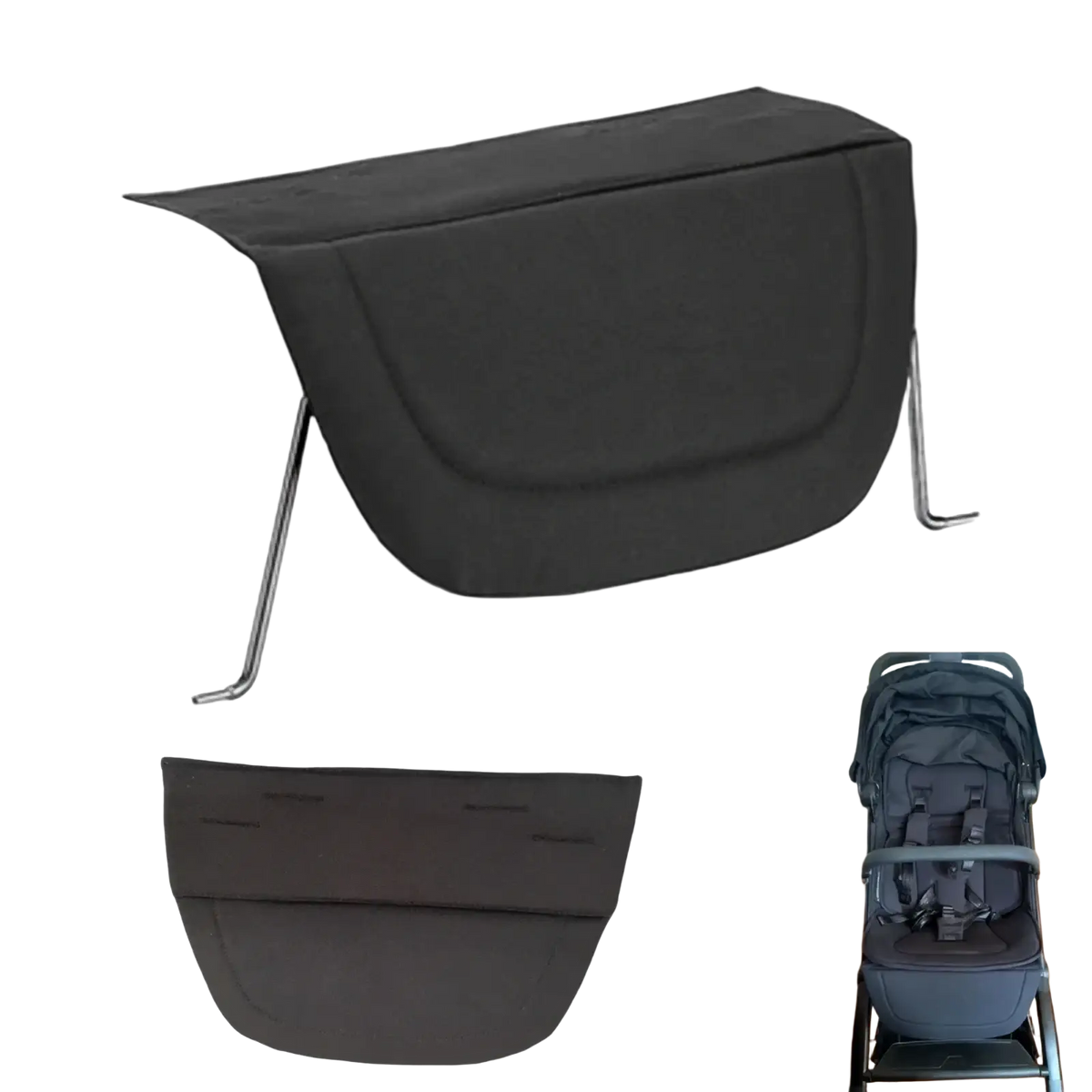 Black fabric stroller sun canopy with metal support arms shown from the back for stroller footrest extender leg support extension
