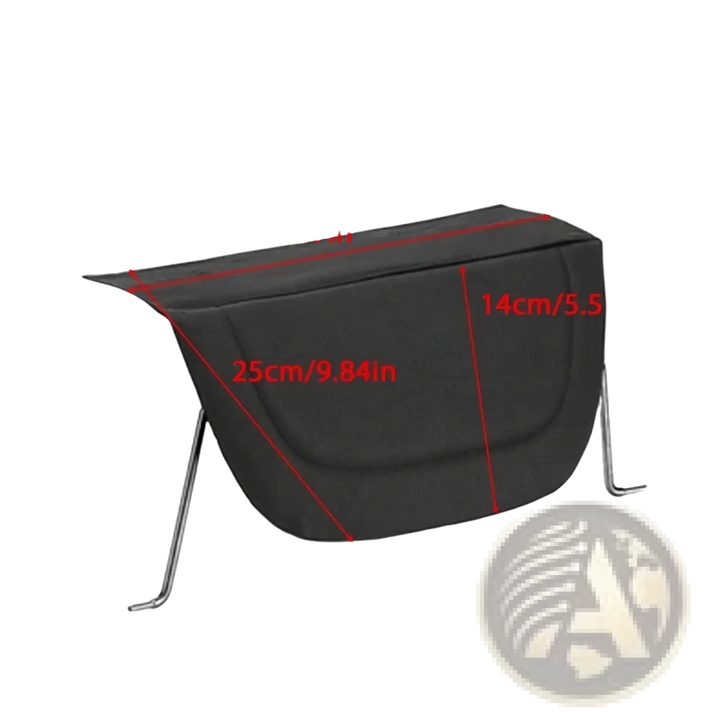 Black fabric stroller footrest extender with metal legs shown from the back for enhanced leg support extension