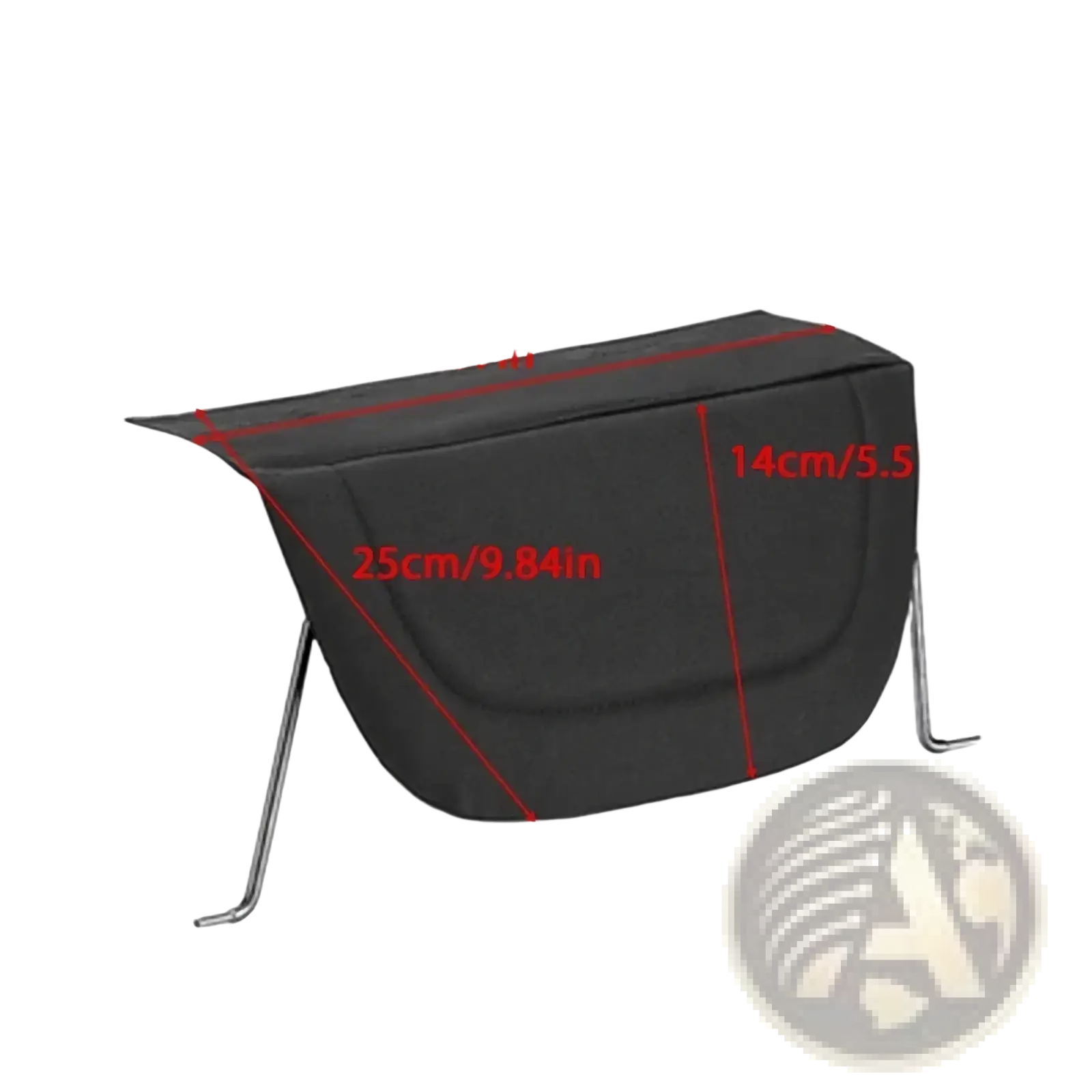 Black fabric stroller footrest extender with metal legs shown from the back for enhanced leg support extension