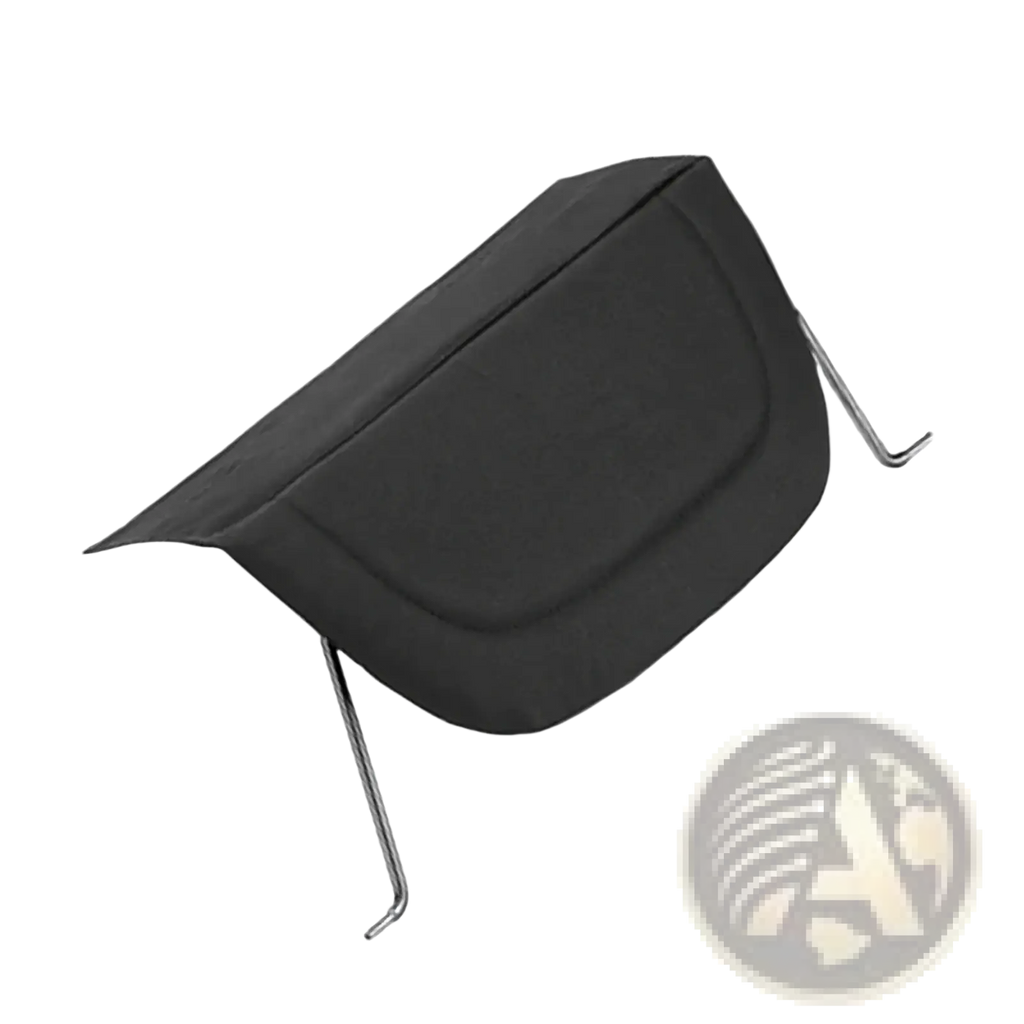 Black fabric stroller footrest extender leg support cover with metal hooks shown from the back side