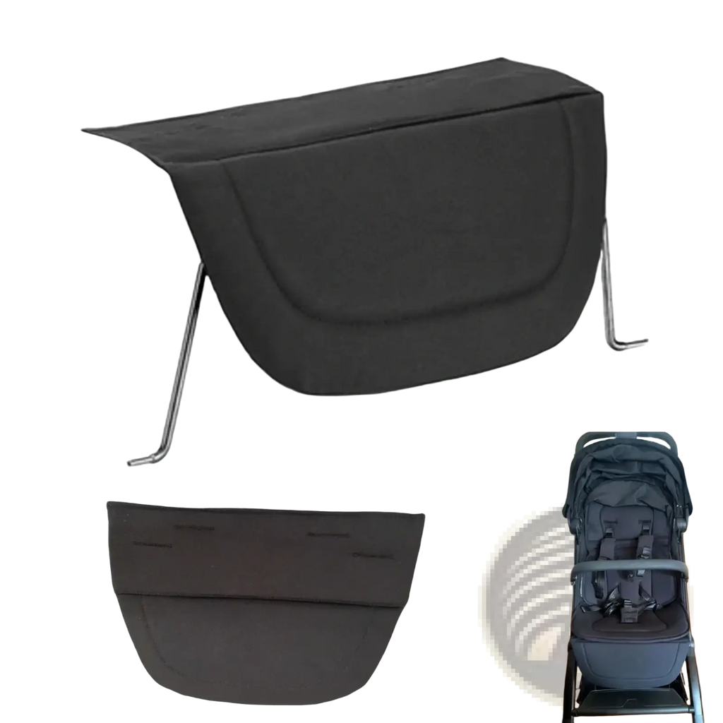Black fabric stroller sun canopy with metal support arms shown from the back for stroller footrest extender leg support extension