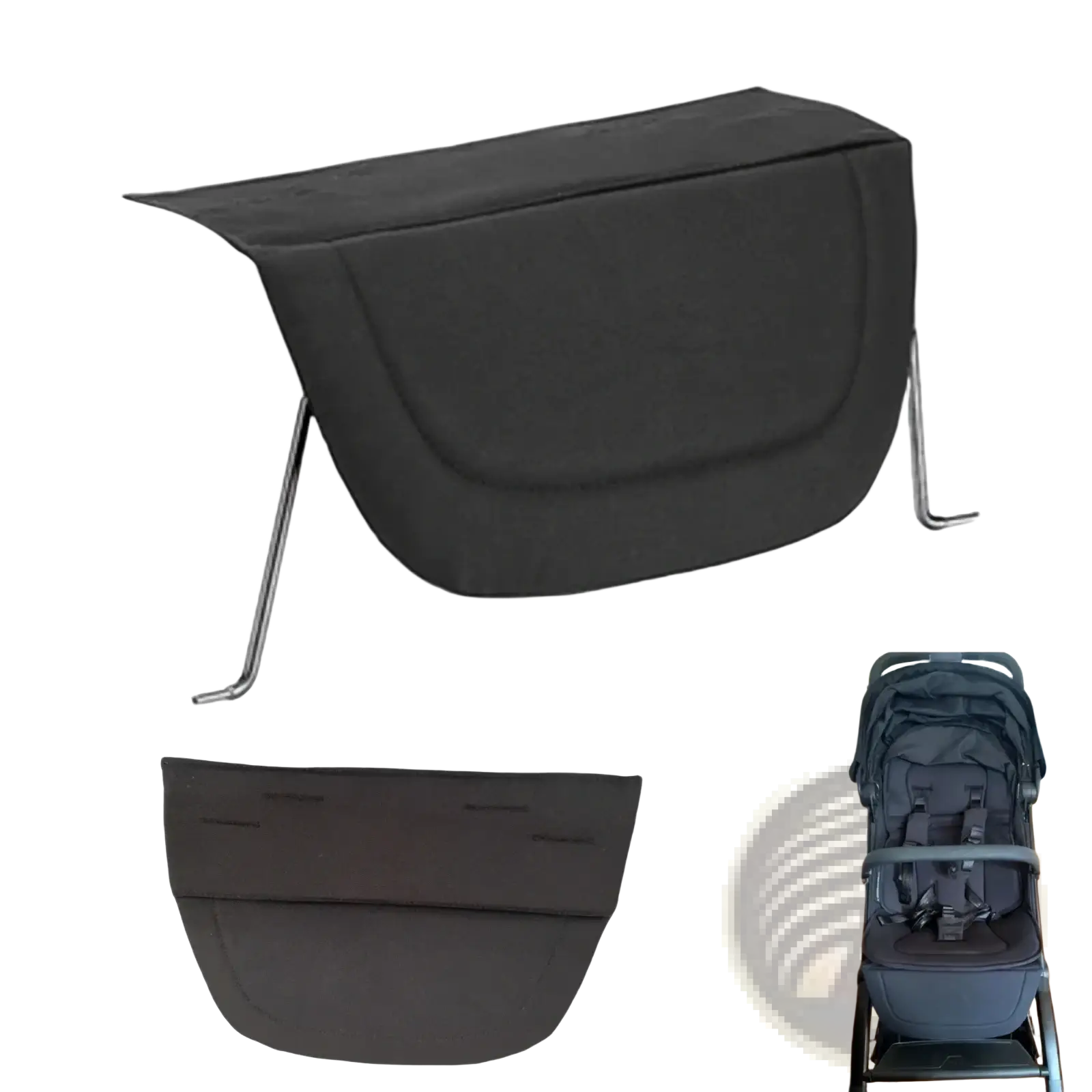 Black fabric stroller sun canopy with metal support arms shown from the back for stroller footrest extender leg support extension
