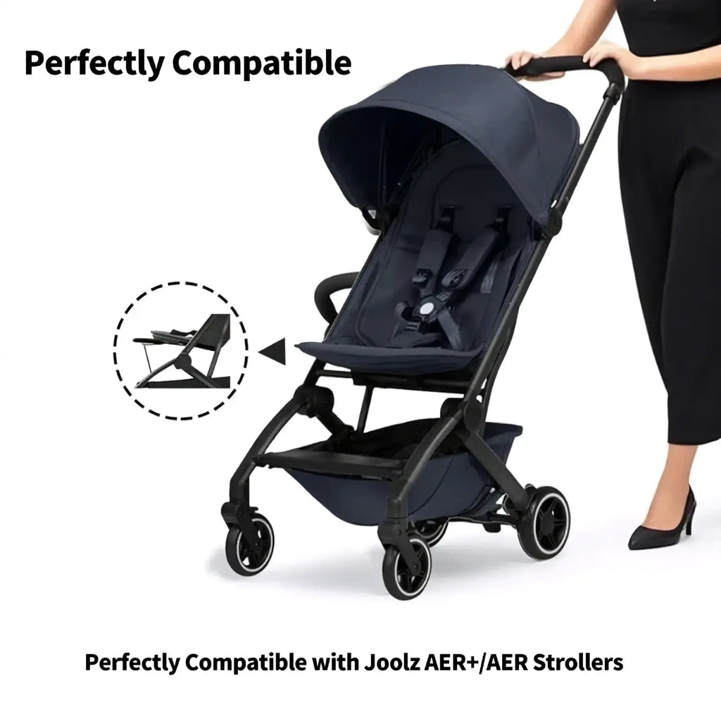 Navy blue fabric stroller with black metal frame and wheels featuring a footrest extender leg support extension