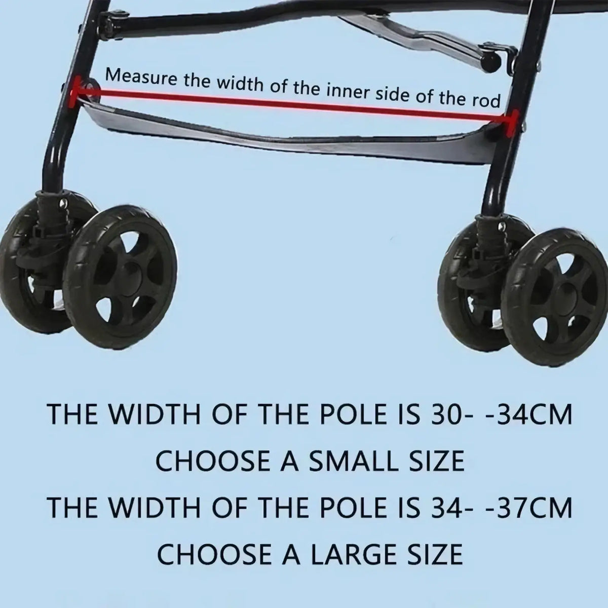 Black metal walker with four wheels and adjustable pole width featuring sturdy frame shown from the back for stroller footrest extension pedal