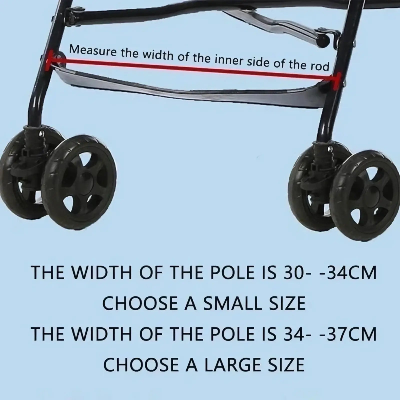 Black metal walker with four wheels and adjustable pole width featuring sturdy frame shown from the back for stroller footrest extension pedal