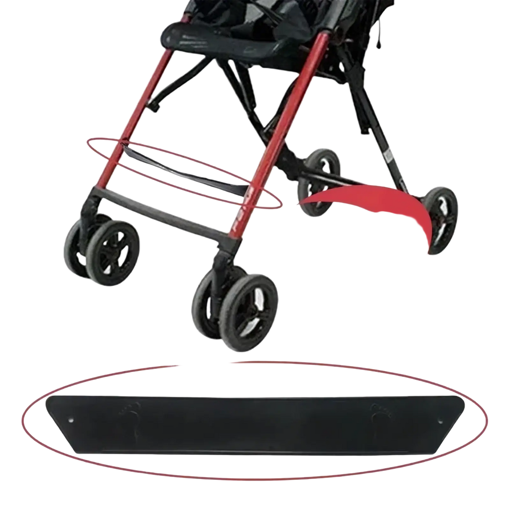 Black plastic stroller bumper bar showing back side for stroller footrest extension pedal for pram use