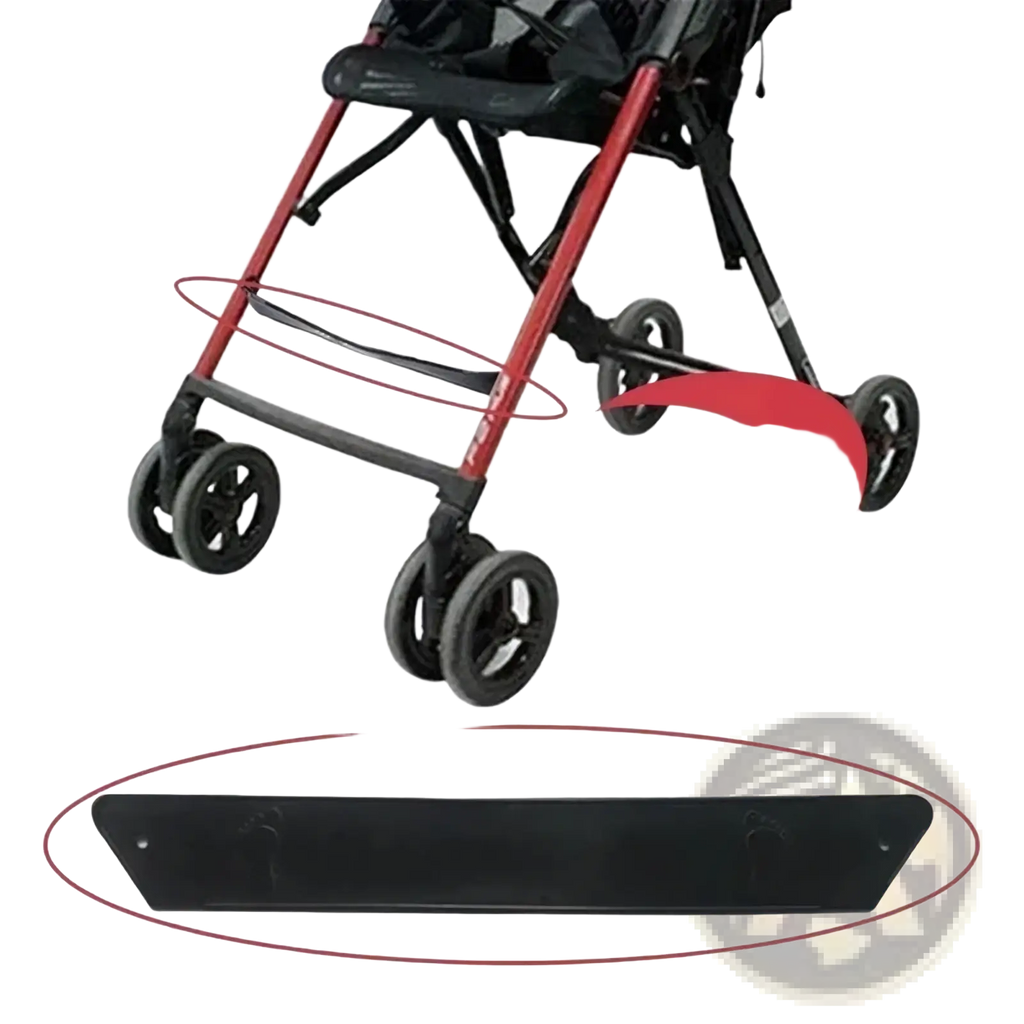 Black plastic stroller bumper bar showing back side for stroller footrest extension pedal for pram use