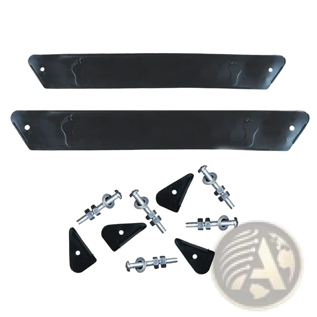 Black plastic foot-shaped mounting strips with metal hardware for installation of stroller footrest extension pedal for pram