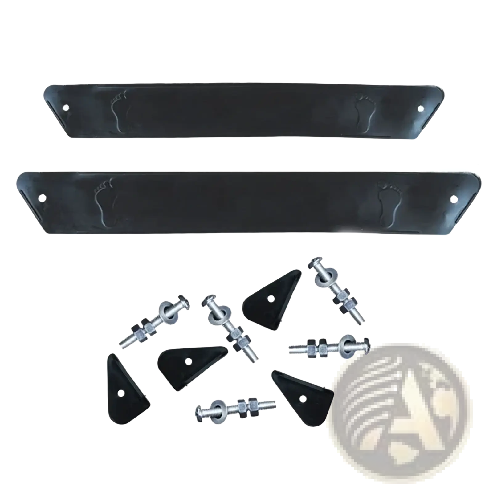 Black plastic foot-shaped mounting strips with metal hardware for installation of stroller footrest extension pedal for pram