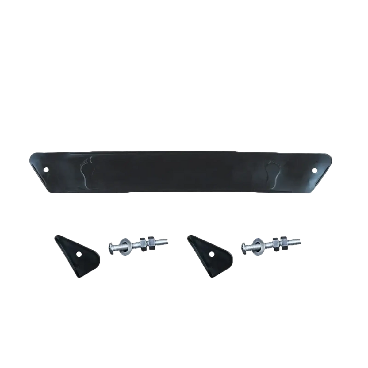 Black rubberized foot-shaped bumper guard with two triangular end caps and metal mounting hardware for stroller footrest extension pedal